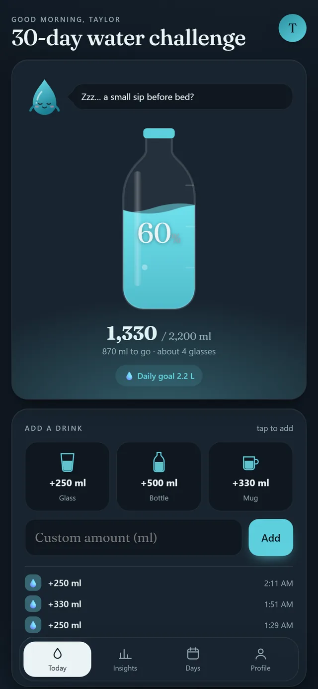 Water Tracker app on a phone